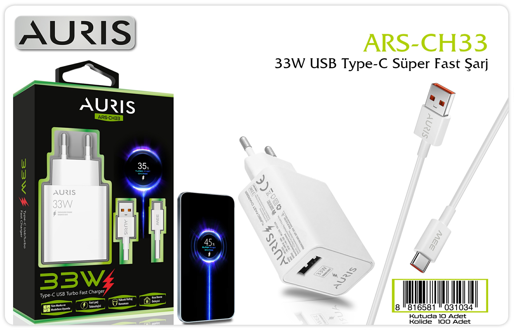 Auris CH33 33W Type-C Set Super  Başlık Kablo Set